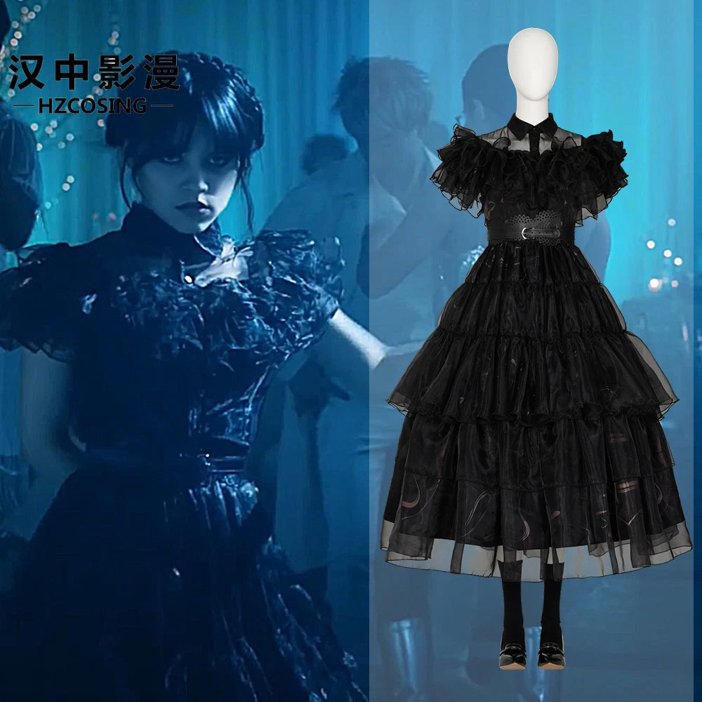 Wednesday Addams Dress for Girls Wednesday Costumes Halloween Cosplay Costume Party Outfit with Belt