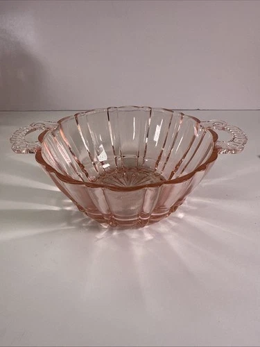 Vintage Pink Depression Glass Handled Bowl Scalloped Design