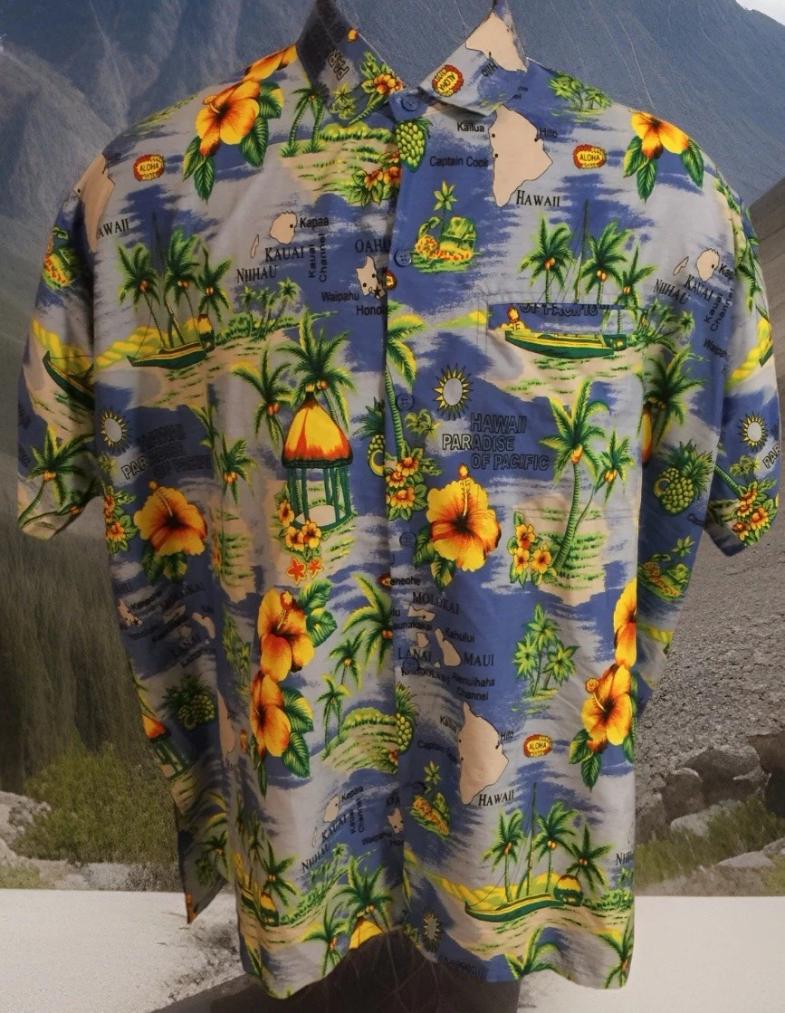 Happy Bay Shirt Men S/S Short Sleeve 2XL XXL Hawaiian Button Water Floral -SPOT