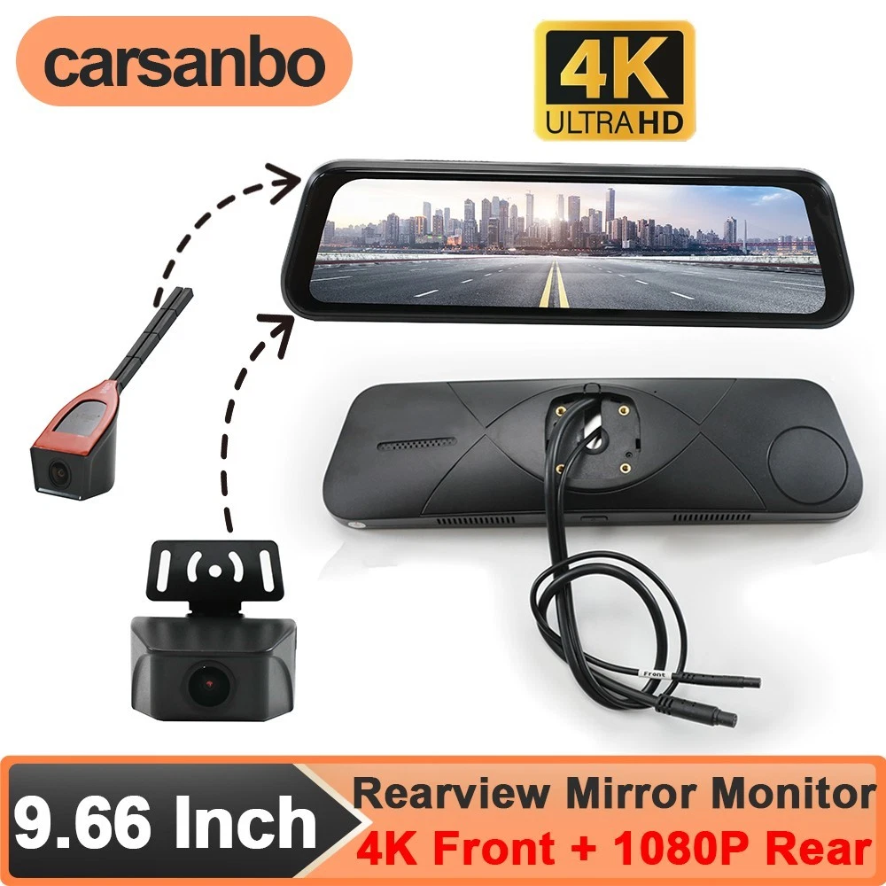 9.66 Car Replacement Rear View Mirror Monitor 4K Front View+1080P Backup Camera