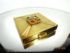 Vintage Volupte Gold Tone Compact with Mirror Powder Pad Rhinestone