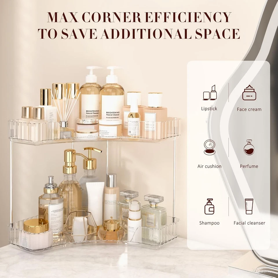 Organizador de mostrador de baño de esquina, organizador de maquillaje grande para tocador, exquisito Foto 3 de 4