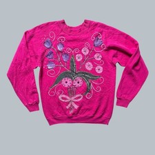 Vintage Pink Floral Painted Embellished Crewneck Sweatshirt Sz L Cottage Grandma