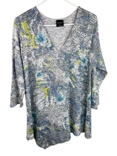 2194. Inoah Gray Lightweight Knit Tunic Top Abstract Print Long Sleeve Sz L