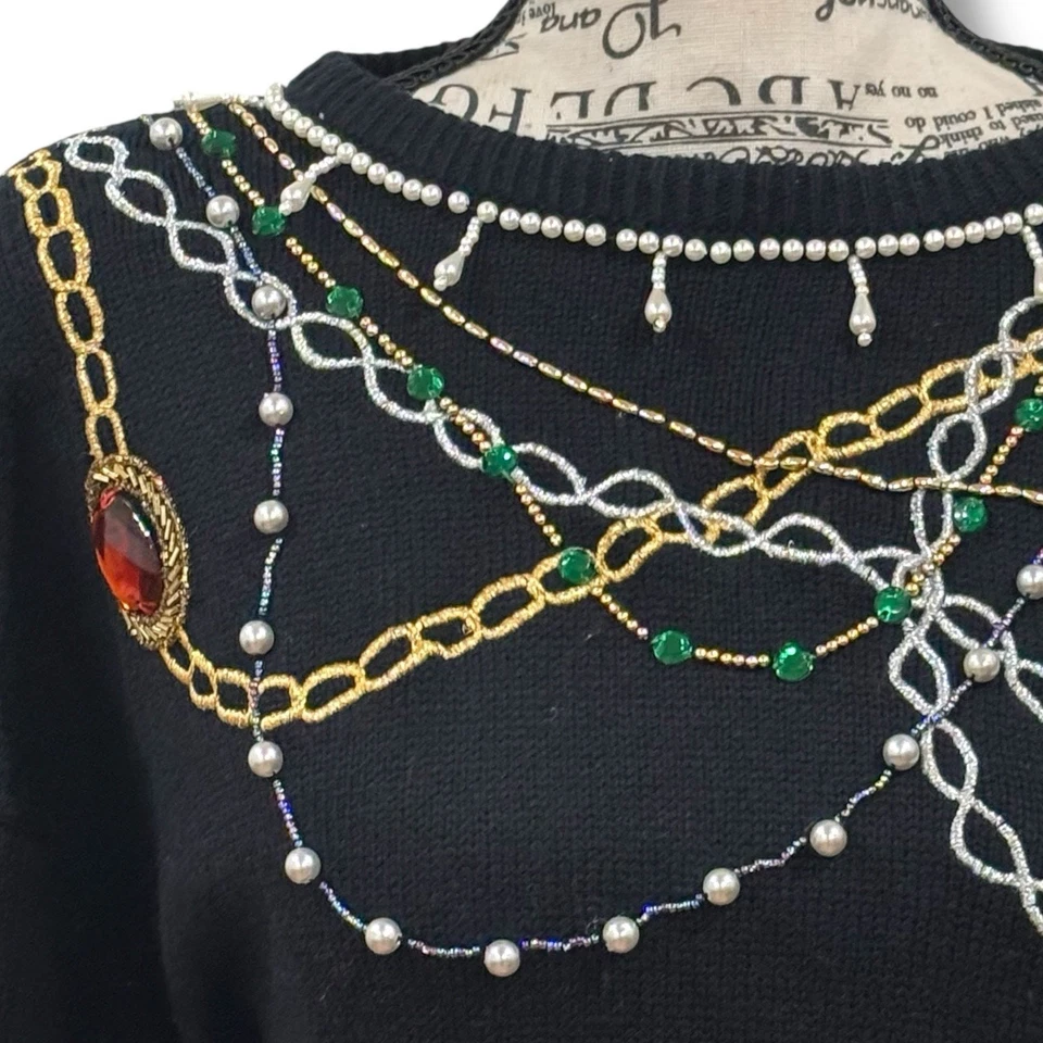 Suéter de vestir vintage años 80 liso Jane talla L negro con cuentas joyas hombreras Foto 4 de 4