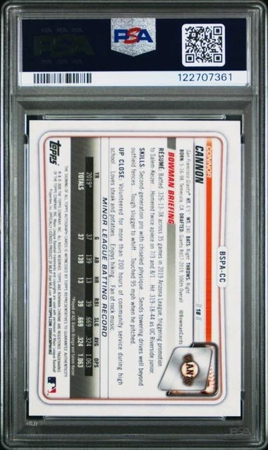 2020 Bowman Chrome BSPA-CC Connor Cannon Sapphire Edition 1st Bowman Auto PSA 10 - Image 2 of 2