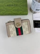 GG Monogram Canvas Leather Zip Coin Card Wallet Small Compact New