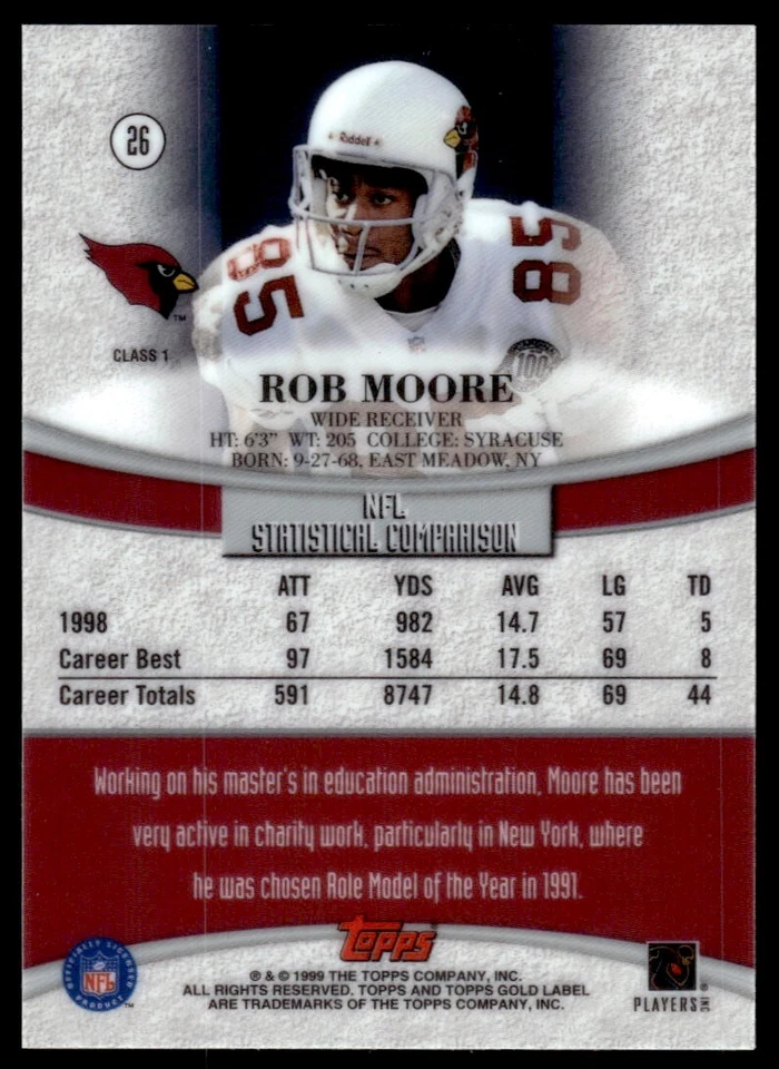 1999 Topps Gold Label CLASS 1 Rob Moore Arizona Cardinals #26 - Image 2 of 2