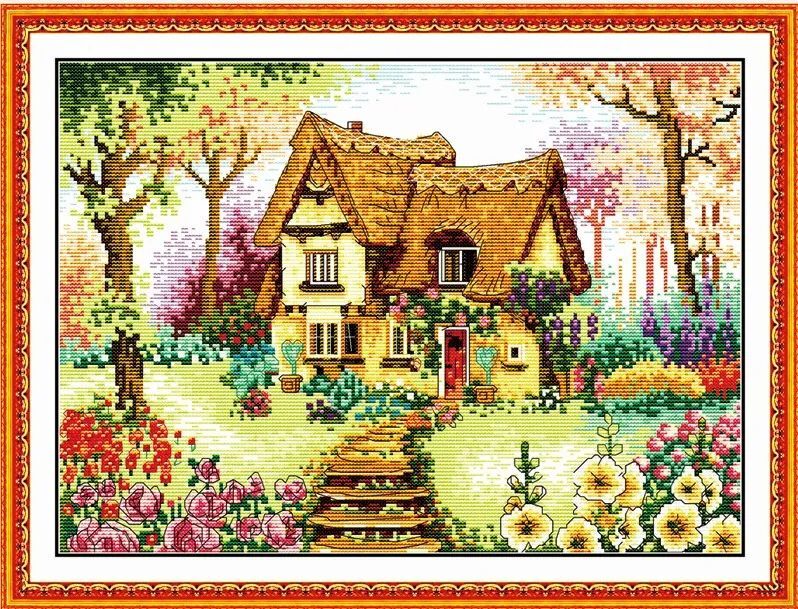 Punto de cruz casa bosque cabina paisaje hermoso jardín flores diseño decoraciones