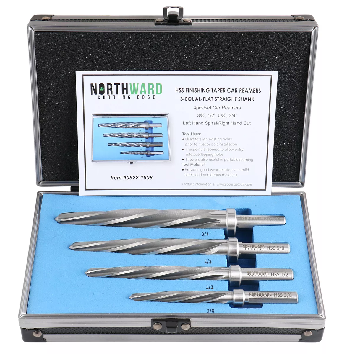 4 Pc H.S.S. Standard Spiral Flute Super Premium Car Reamer Set 3 8