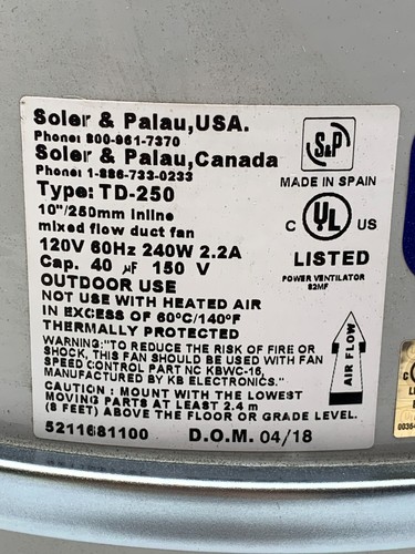 Soler & Palau TD-250 Inline In-Line Mixed Flow 10" Duct Ventilator Fan 120V - Picture 2 of 13