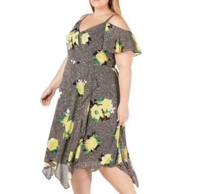 INC Womens Plus 22W Black Gingham Bouquet Cold Shoulder Lined Midi Dress  NWT