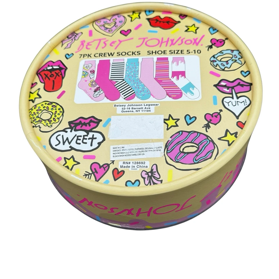Betsey Johnson Crew Calcetines Donut Temático Paquete 7 Caramelo Rosa Novedad NI Caja de Regalo 5-10 Foto 4 de 4