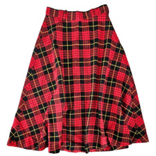 Vintage '70s Cucumber ILGWU Red Tartan Plaid Wool Midi A-Line Swing Skirt 9/10