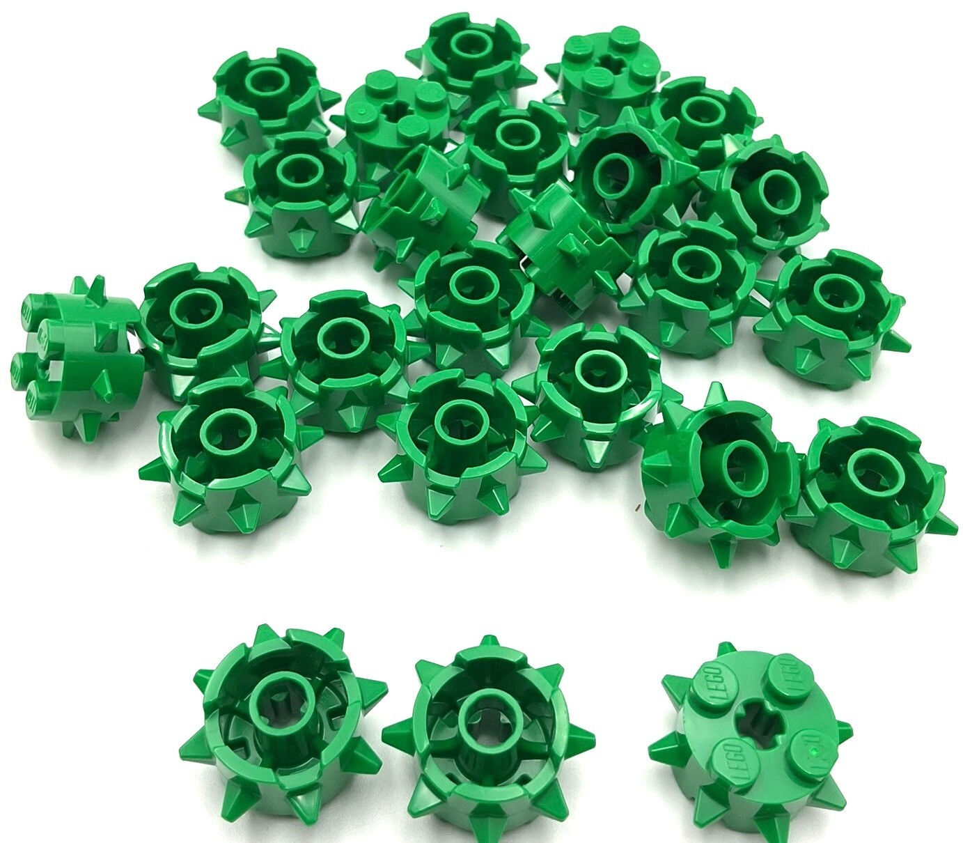 Lego 25 New Green Bricks Round 2 x 2 w/ Spikes and Axle Holes Parts