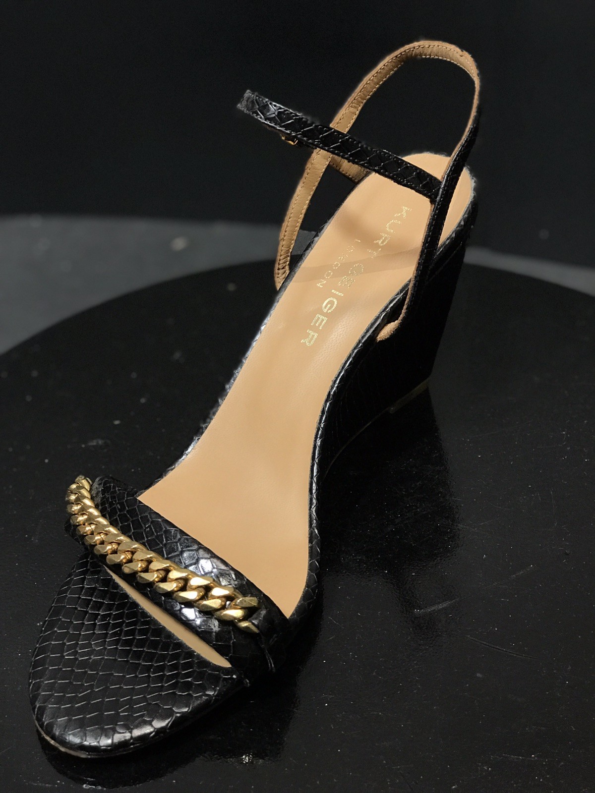 New KURT GEIGER London Black Gold Leather Ankle Strap Wedges Sandal Size US  9.5 | eBay