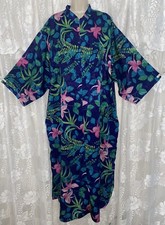 Vtg BLUE ONE SZ ORCHID Flower CAFTAN Peignoir Robe or Nightgown Gown pockets