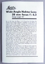 Leitz Wide Angle Hektor 28mm  Instruction Pamphlet High Quality RePrint