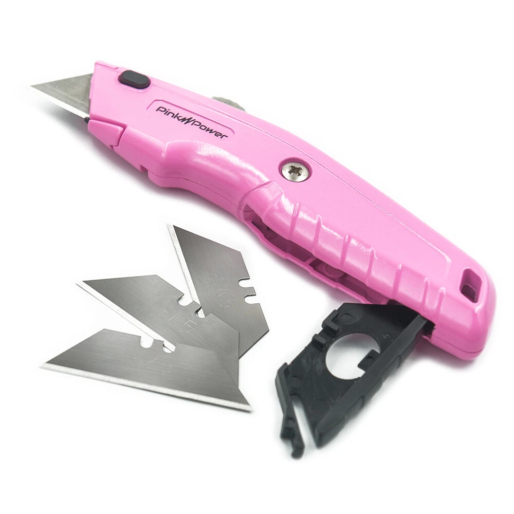 Pink Power Retractable Box Cutter Utility Knife Carpet Cardboard Blade Storage