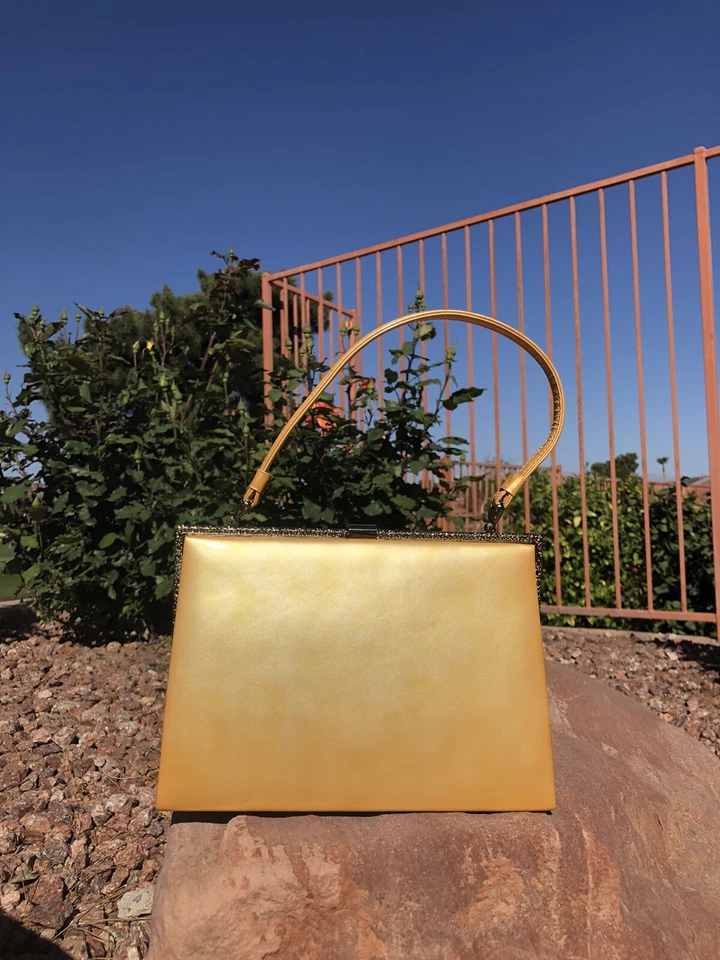 Bolso Kimono Japonés Vintage Diseño Borde Dorado Amarillo Bolso de Noche Formal Usado Foto 2 de 4