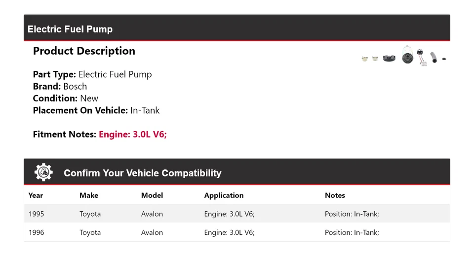 For 1995-1996 Toyota Avalon 3.0L V6 Bosch Electric Fuel Pump In-Tank - Image 2 of 4