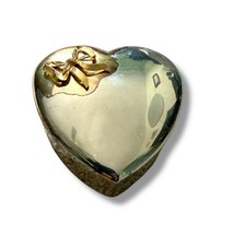 Vintage Silver Plated Heart Shaped Golden Bow Jewelry Trinket Box White Lining