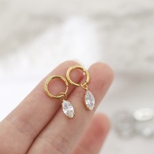 Women Stainless Steel Silver Gold Danging Teardrop CZ Hoop Huggie Earrings S13