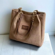 Marco Polo Beige Faux Suede Shoulder Bag Tote Style Zipper Gold Colour Chain
