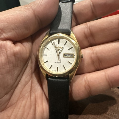 #ad Working Vintage PULSAR Gold Tone 36MM DAY Date Quartz Watch Black Leather Band $49.00