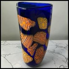 Italian Seguso Viro Murano Sommerso Cobalt Art Glass Vase w/ Applied Inclusions