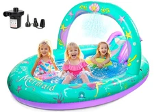 Mermaid Inflatable Play Center Kiddie Pool with Slide and Sprinkler for Child...
