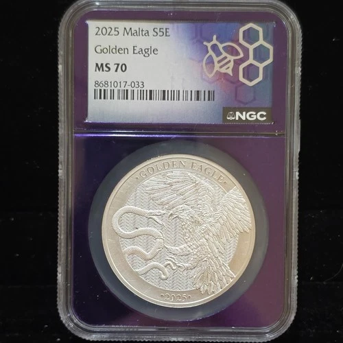 2025 Malta Golden Eagle 1 oz Silver NGC MS70 TraderBea purple