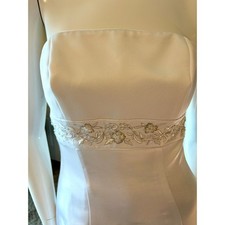 David's Bridal Strapless Satin Wedding Gown – Embroidered Waist & Train – Size 8