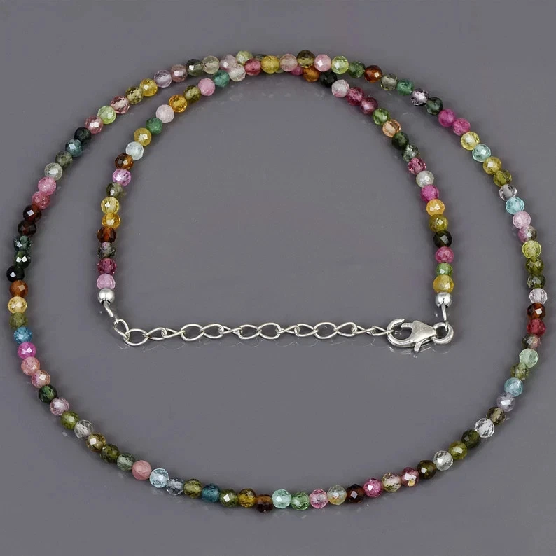 Vatslacreation Natur Turmalin 3mm Rund Kette 925 Silber 18" Halskette - Bild 2 von 4