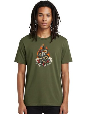 Snake-Dagger-Tattoo Mens Graphic Tee, 100% Cotton, Casual Summer Wear