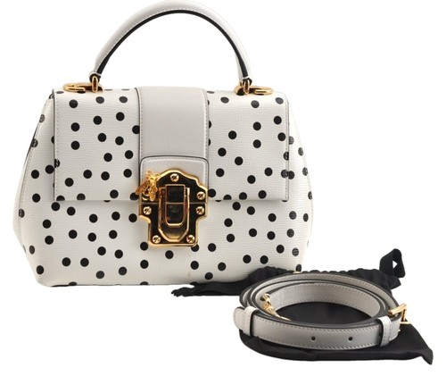 Auth DOLCE&GABBANA Lucia Polka Dot 2Way Shoulder Hand Bag Leather White AC642
