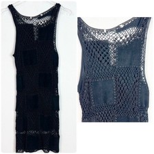 BLACK SLEEVELESS CROCHET FAUX SUEDE PATCHWORK SLEEVELESS DRESS WOMENS SMALL