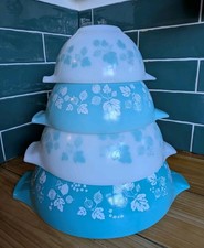 Vintage Pyrex JAJ Nesting Cinderella Mixing Bowls Gooseberry Blue & White Set