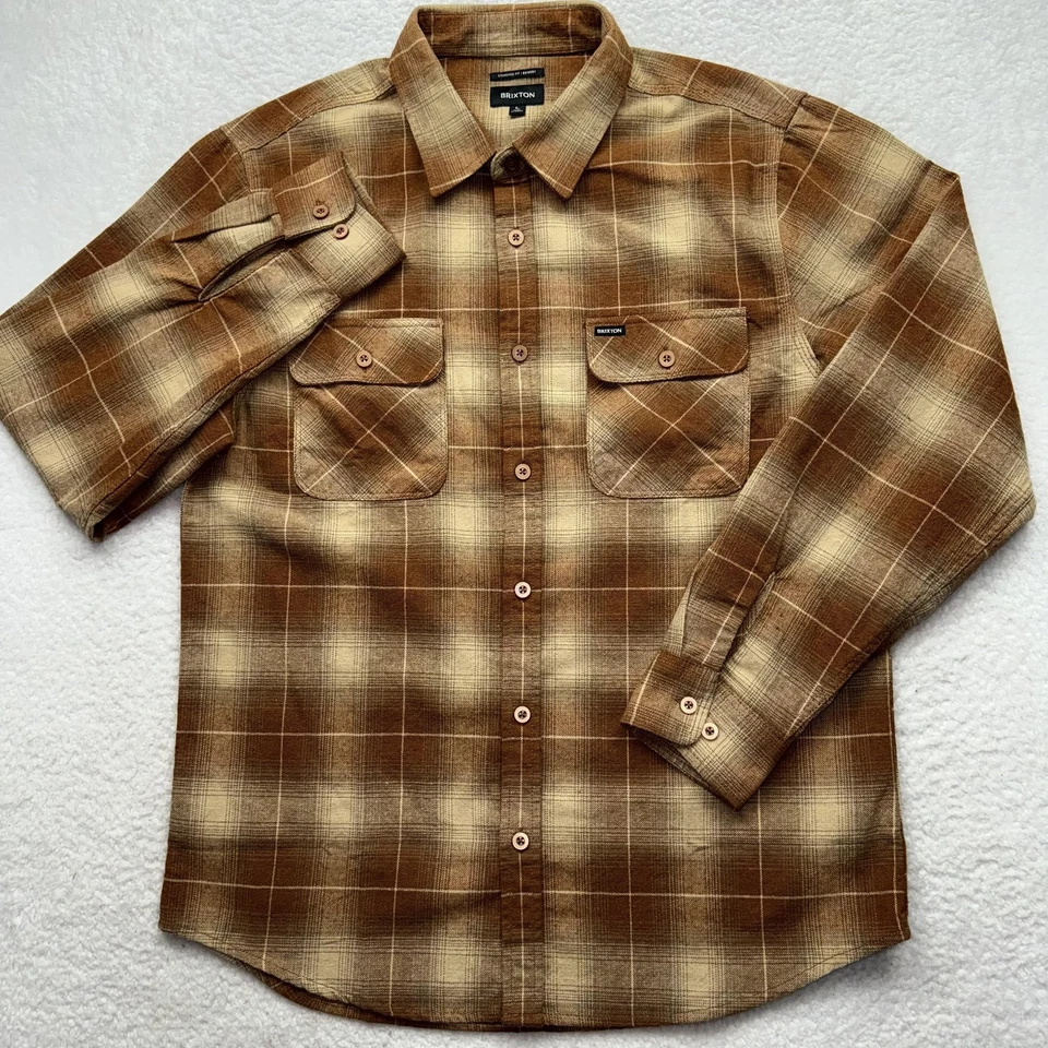 Camisa Brixton Para Hombre Grande Marrón Franela a Cuadros Abotonada Manga Larga Informal Suave Foto 2 de 4