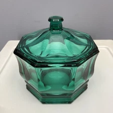 VTG Indiana Glass Confections Candy Box Dish 5.5” Teal Octagon 8 Sided Bowl Lid
