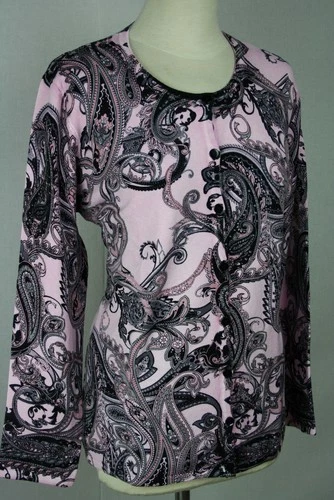 Ladies twin set jumper + cardigan pink paisley pattern viscose Ovanti size 38