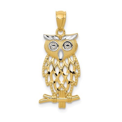 14k Gelbgold Eule Anhänger mit Rhodium Ausschnitt Design Tier Symbol Schmuck