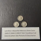 Lot #312 3 Beautiful US Mercury Dimes 1943-P 1944-D 1945-P F-VF See  Pictures