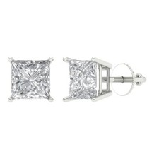 White Sapphire Stud Earrings for Women, Screw back 2 cttw, 5.5mm, Princess-Cut 