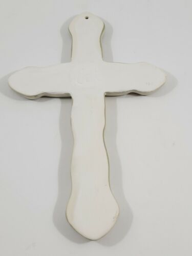 Ceramic Hanging Cross Wall Decor Hand Painted Carved Sage Green White 10"X6" - Picture 3 of 8