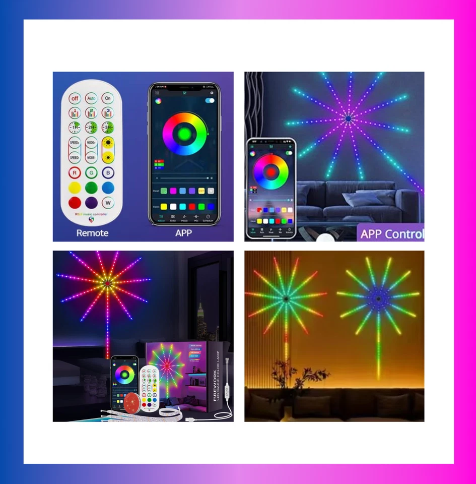 Luz LED de fuegos artificiales RGB que cambia de color, personalizable a través de aplicación y control remoto Foto 2 de 4