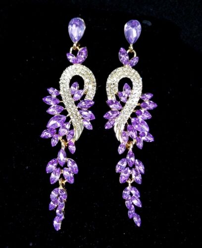 Chandelier Earrings Rhinestone Purple Drop Dangle Crystal 3.5 inch Prom CLIP ON - Afbeelding 1 van 15