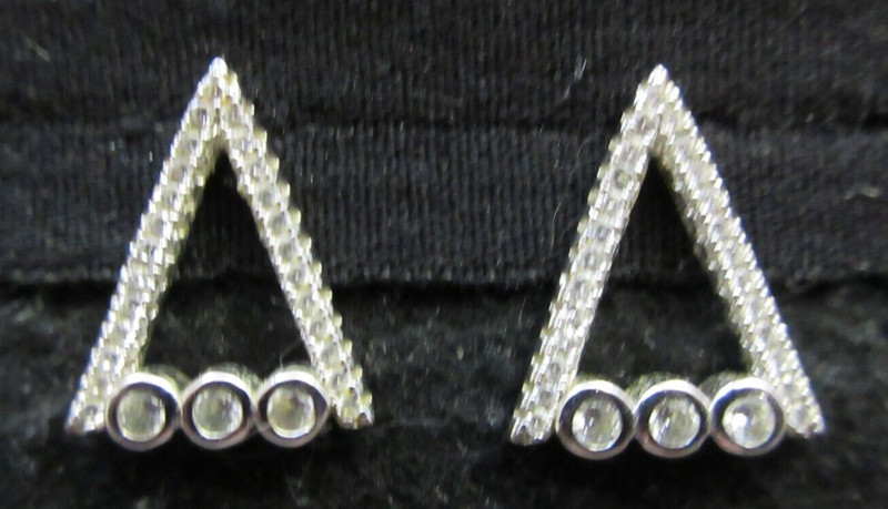 Vintage 925 Marked Sterling Silver Triangle Pierced Earrings Clear Rhinestones