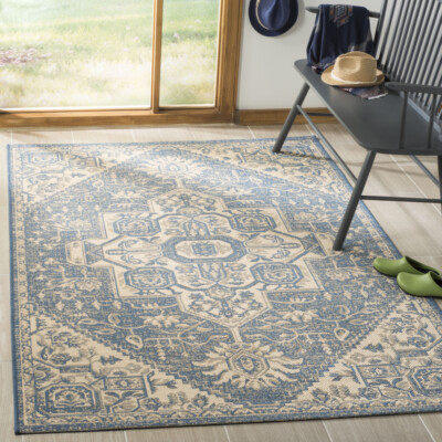 SAFAVIEH Outdoor LND138N Linden Collection Cream / Blue Rug