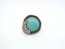Vtg Native American Silver Large Turquoise Feather Rope Design Ring, signed M